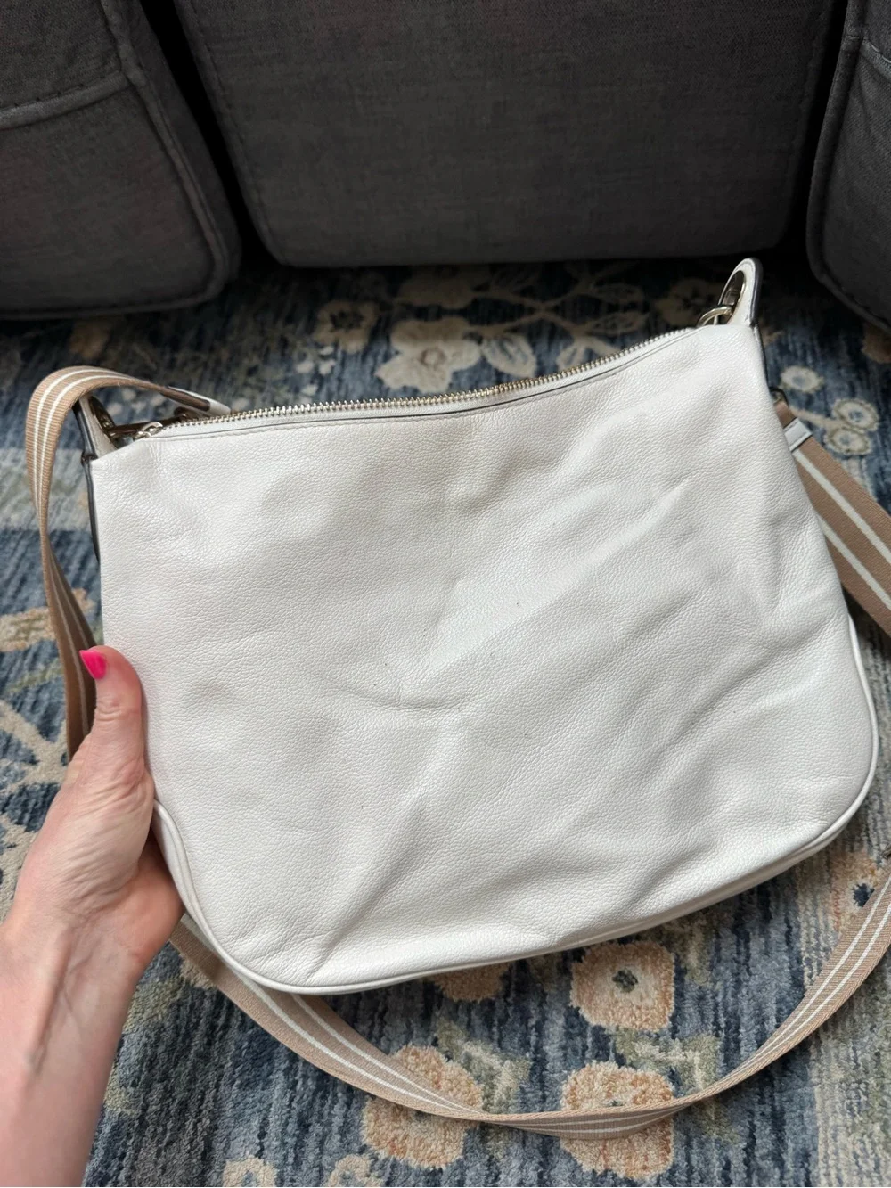 kate spade Cream Leather Crossbody with Striped Canvas Strap